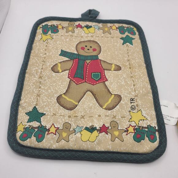VINTAGE  CHRISTMAS ART  WHITE GREEN COTTON  HOT PAD POTHOLDER - Picture 10 of 10
